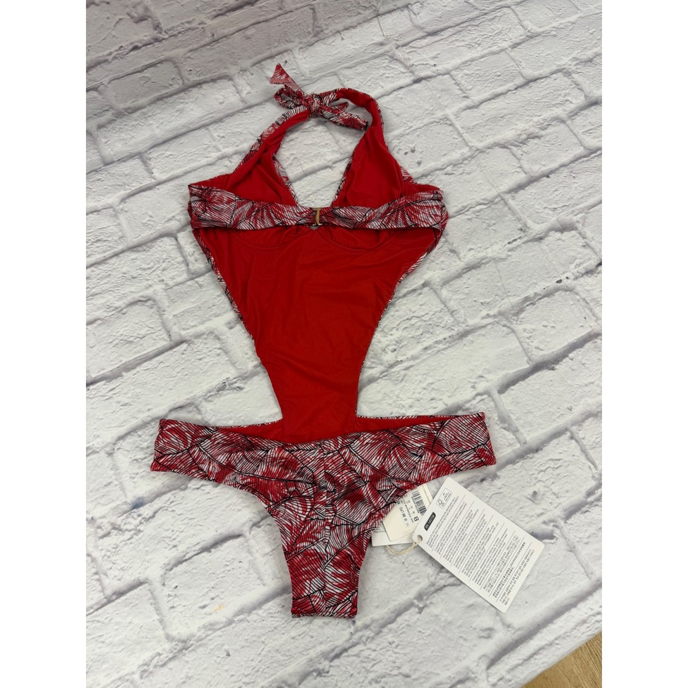 La Perla Red Tropical Trikini Cutout One Piece Swimsuit Halter NWT Sz 10 Beach - Picture 11 of 12
